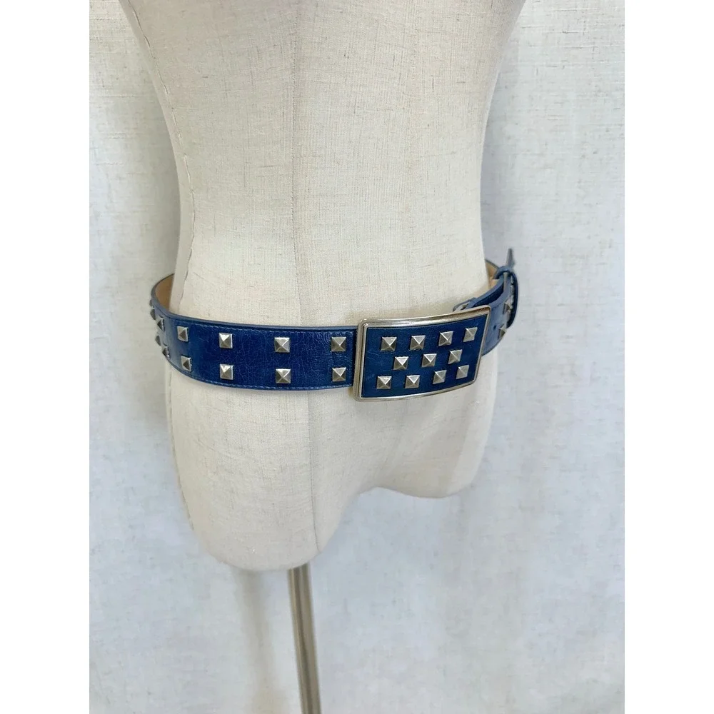 Pyramid Studded Leather Belt Womens‎ Small Navy Blue Silver Pyramid Punk Rock